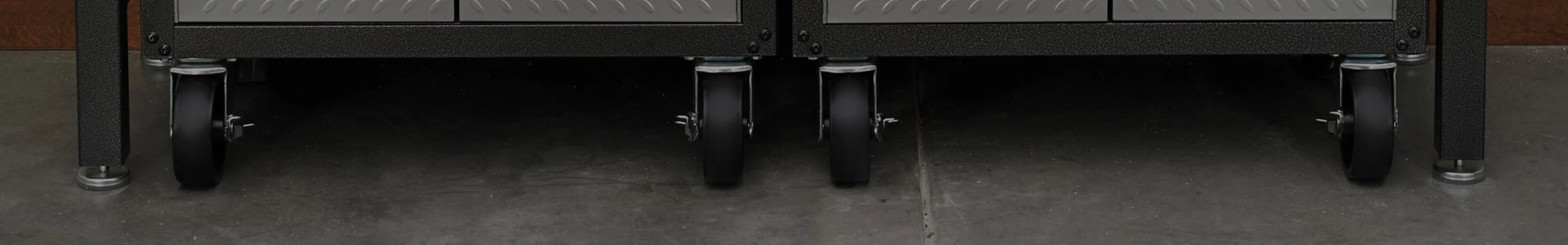 A closeup of the wheels on a Gladiator® garage cabinet.