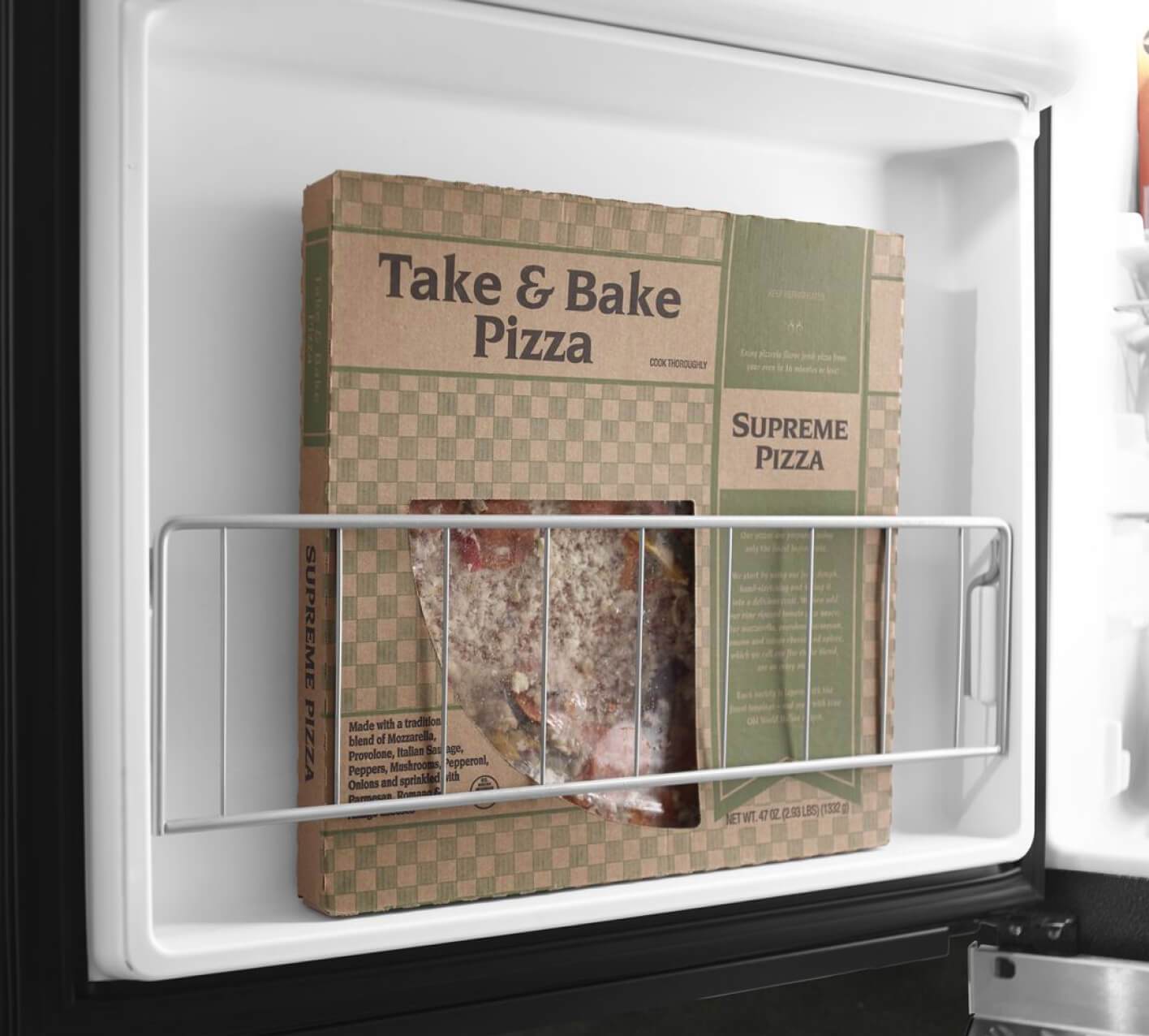 Frozen pizza in the Upright Freezer.