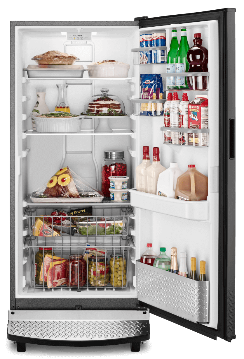 A Gladiator® All Refrigerator filled with refrigerated items.