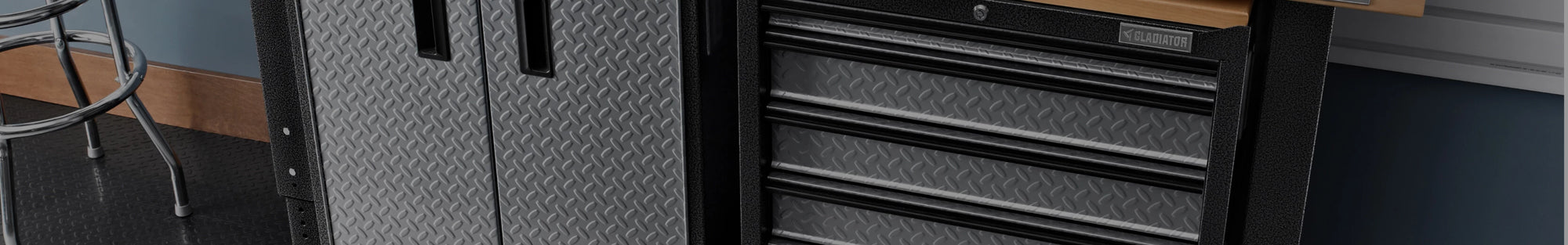 A closeup of Gladiator® modular garage storage cabinets.