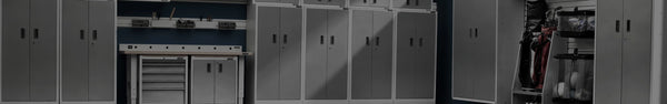 Full size garage storage cabinets in a garage.