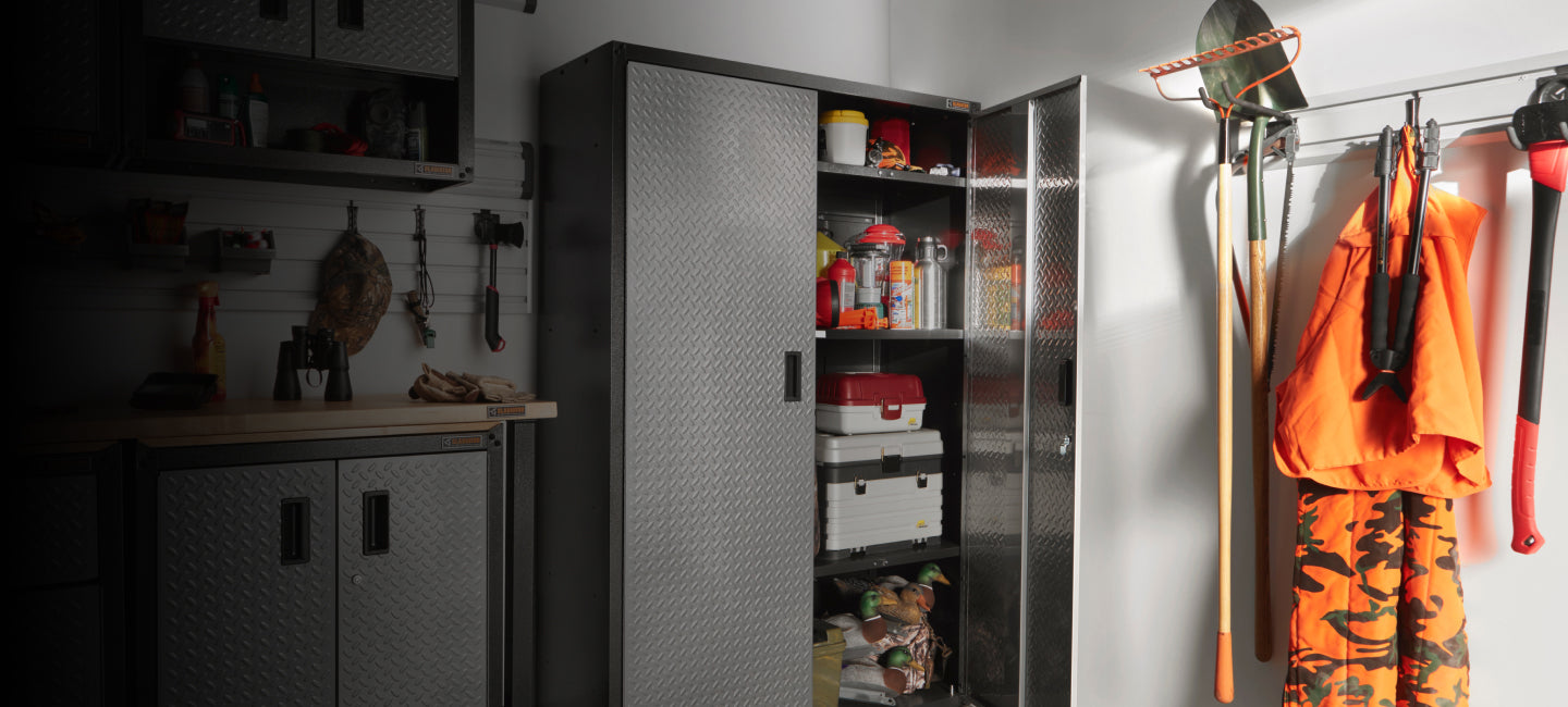 An open Gladiator® cabinet in a garage