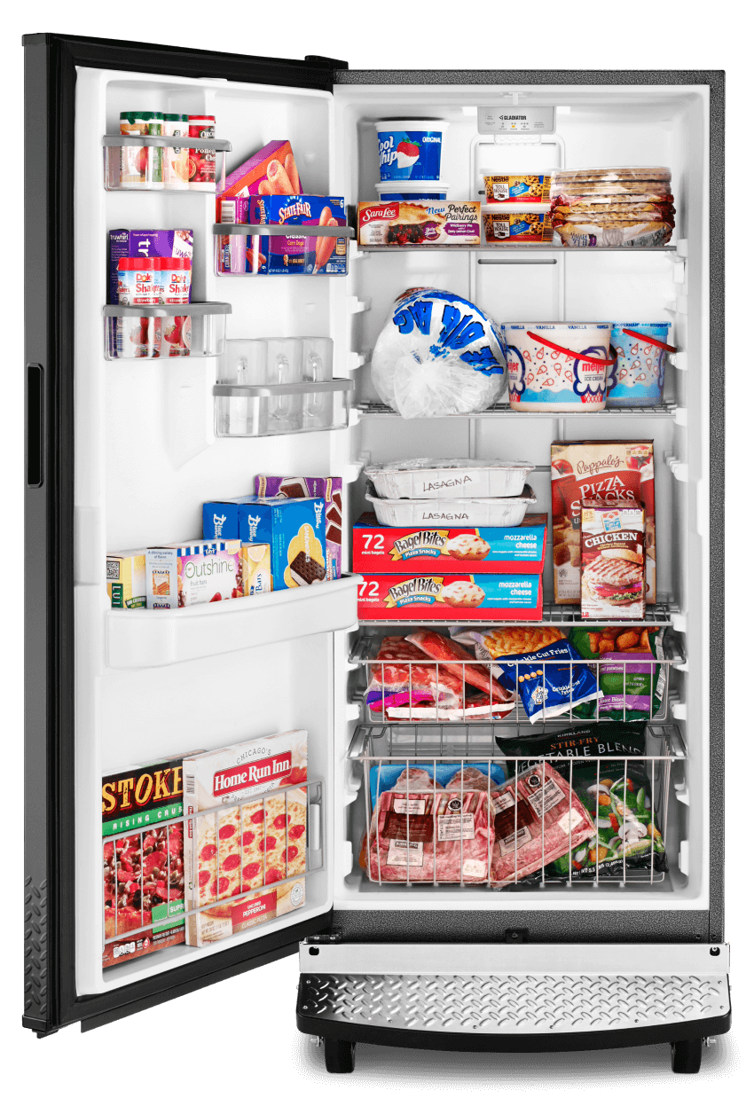 A Gladiator® Upright Freezer filled with frozen items.
