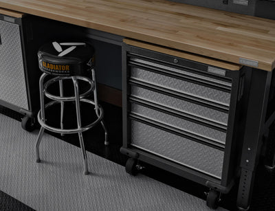 A Gladiator® workbench with a Premier Pre-Assembled GearDrawer below it.