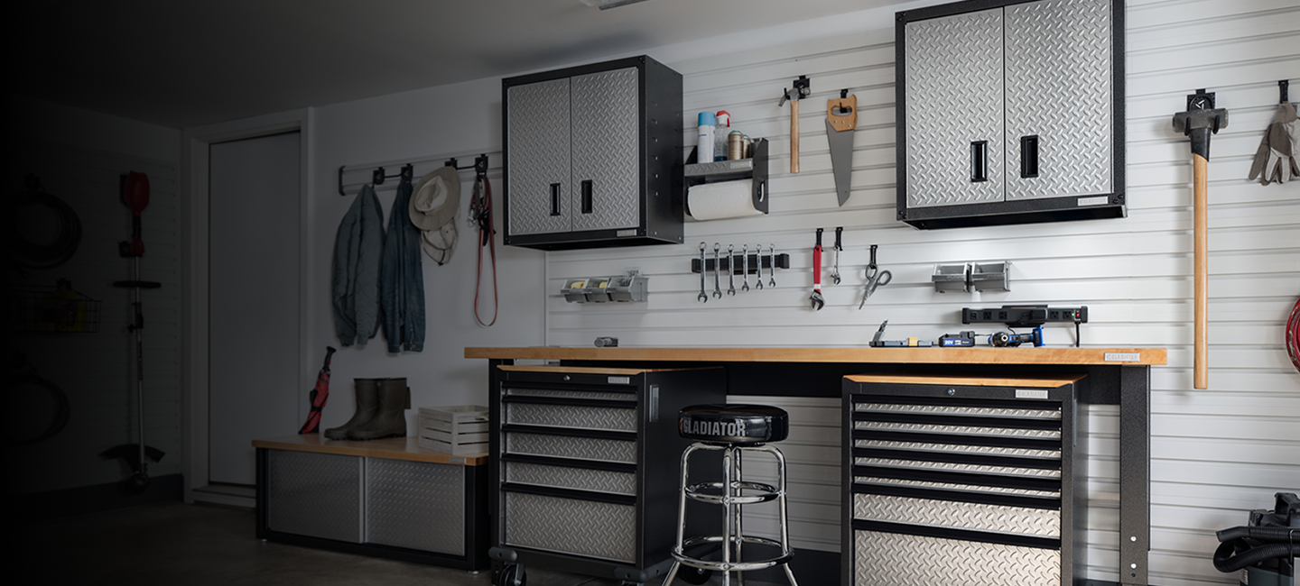 An organized garage full of Gladiator® storage solutions